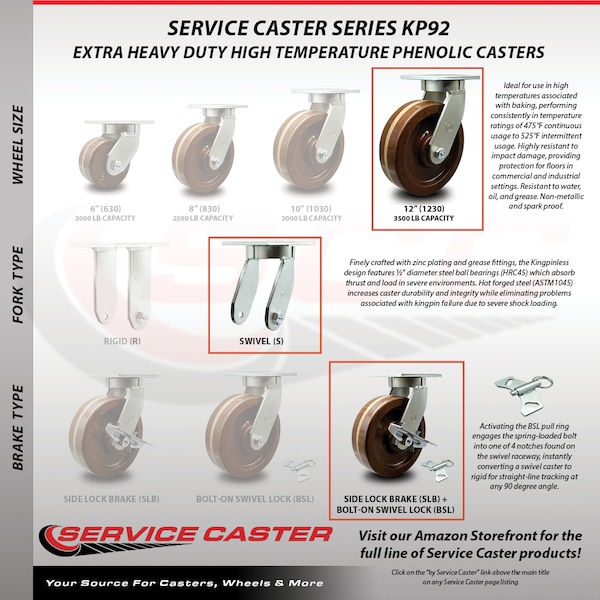 12 Inch Heavy Duty High Temp Phenolic Caster With Brakes And Swivel Locks, 4PK